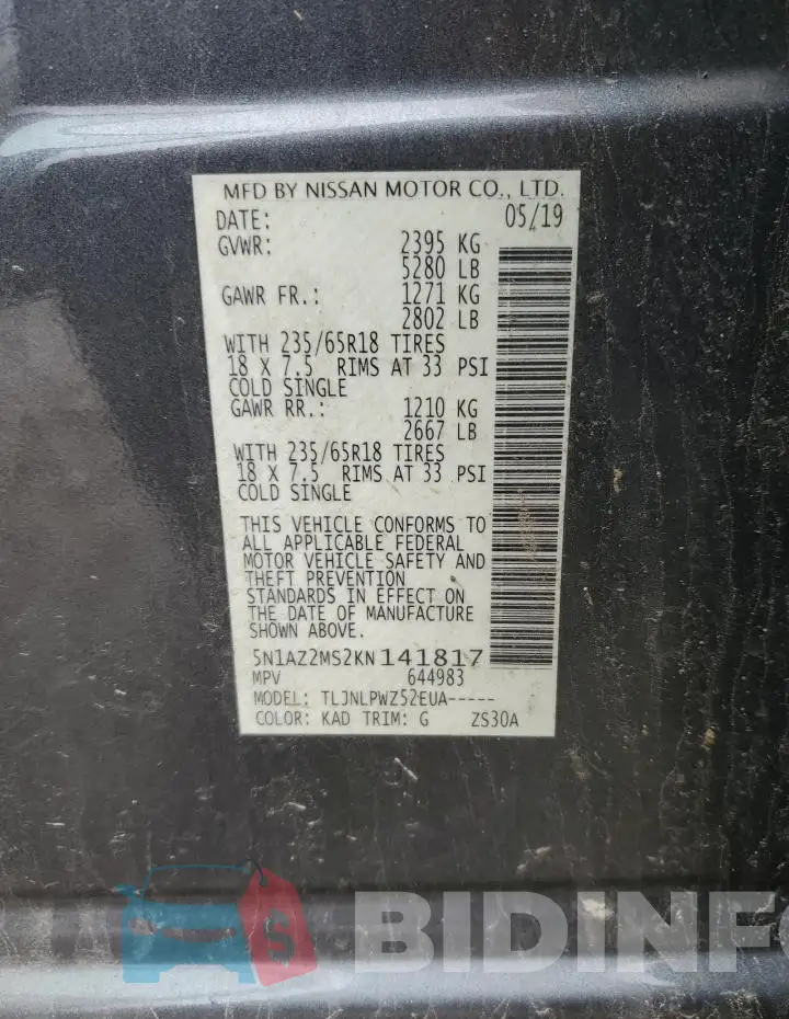 5N1AZ2MS2KN141817 Photo# 13