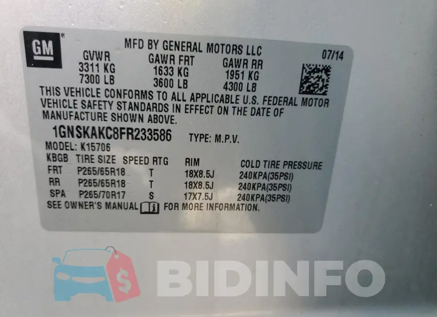 1GNSKAKC8FR233586 Photo# 13