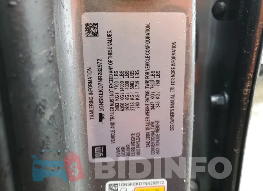 1GNSKEKD7NR282972 Photo# 14