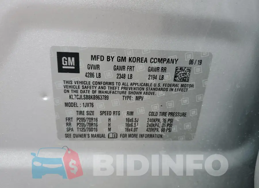 KL7CJLSB8KB963789 Photo# 13