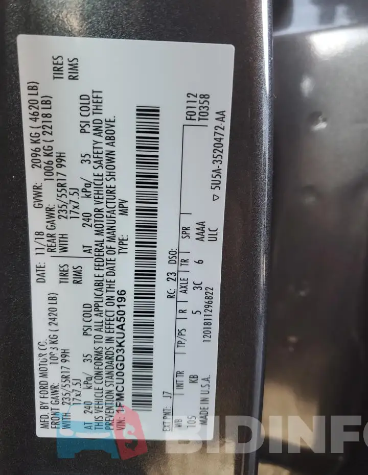 1FMCU0GD3KUA50196 Photo# 12