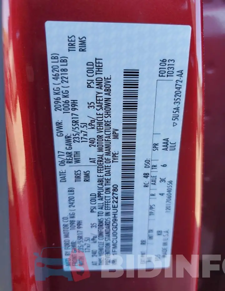 1FMCU0GD9HUE22780 Photo# 12