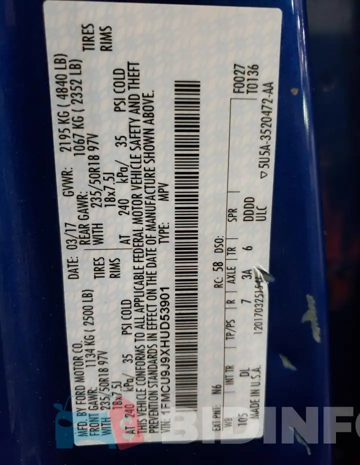 1FMCU9J9XHUD53901 Photo# 13