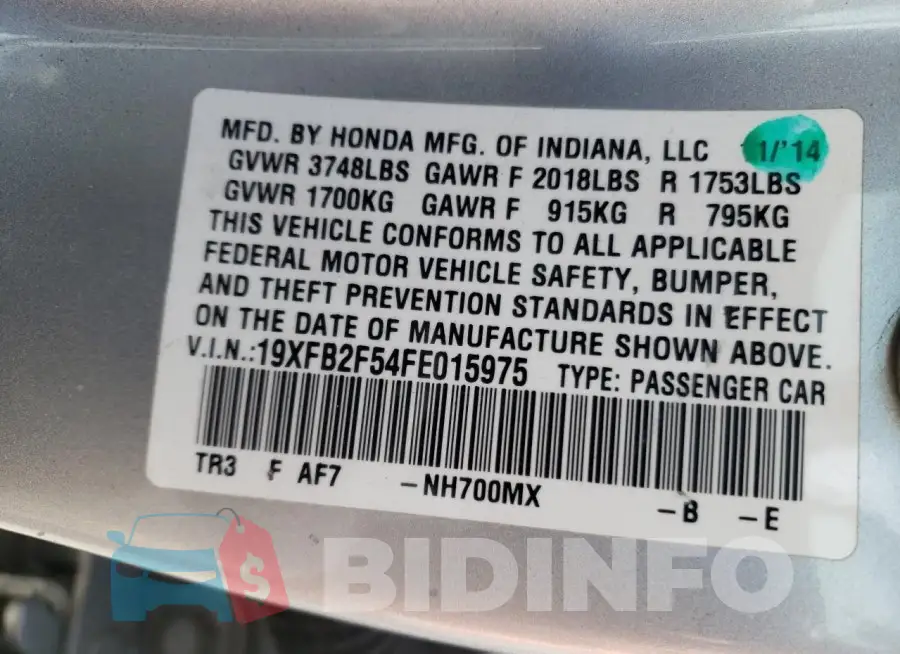 19XFB2F54FE015975 Photo# 12