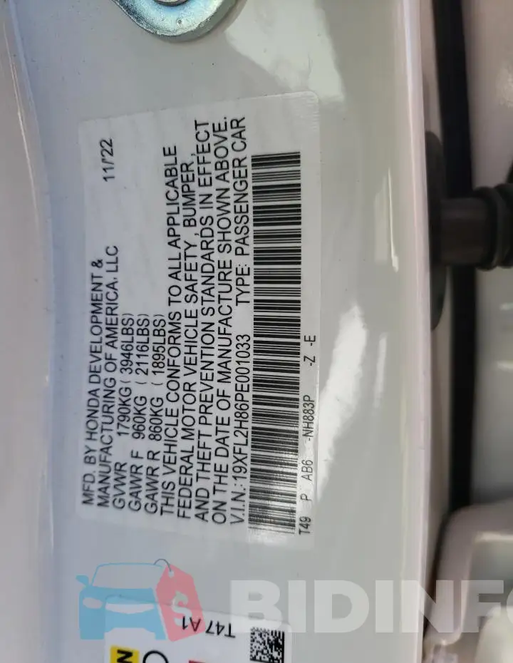19XFL2H86PE001033 Photo# 12