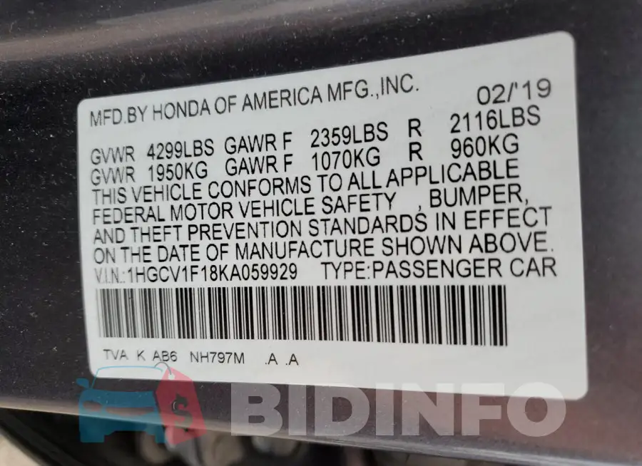 1HGCV1F18KA059929 Photo# 12
