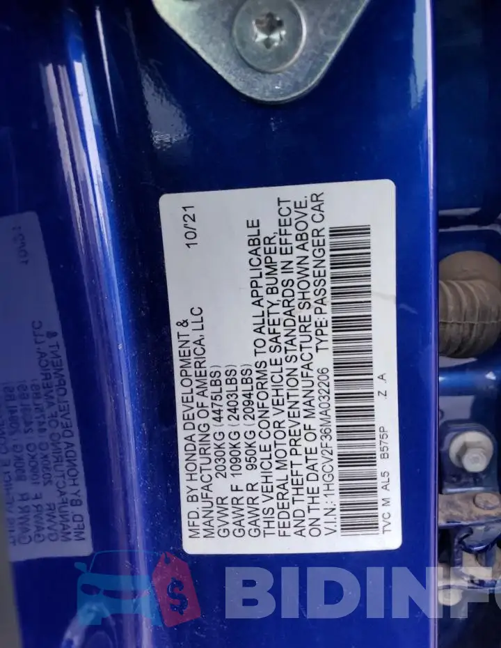 1HGCV2F36MA032206 Photo# 12