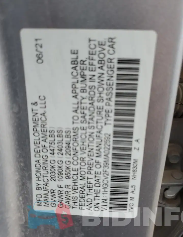 1HGCV2F39MA022592 Photo# 12
