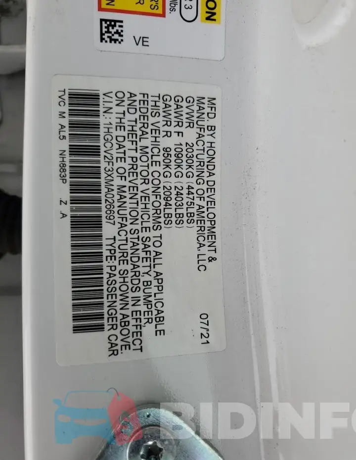 1HGCV2F3XMA026697 Photo# 13