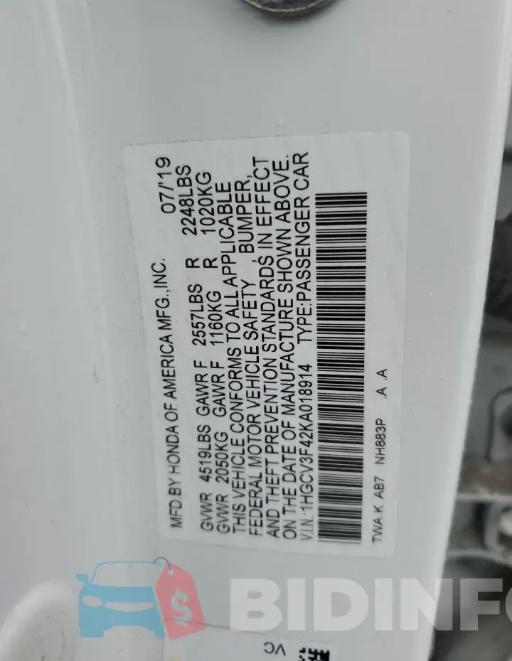 1HGCV3F42KA018914 Photo# 12