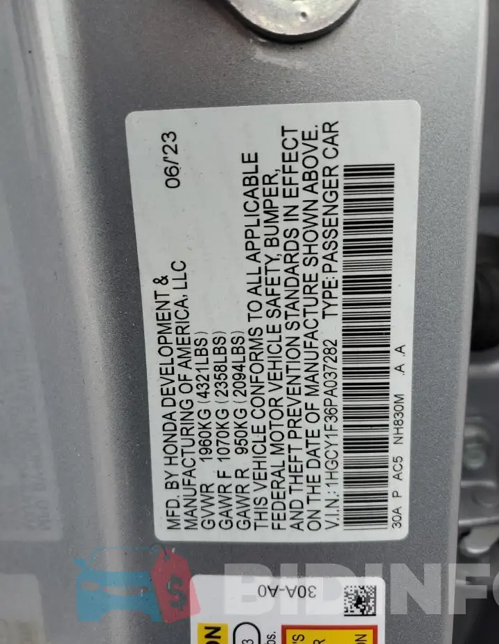1HGCY1F36PA037282 Photo# 12