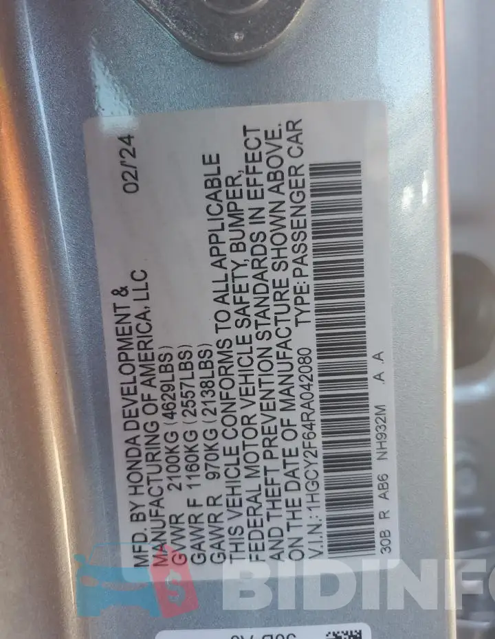 1HGCY2F64RA042080 Photo# 12