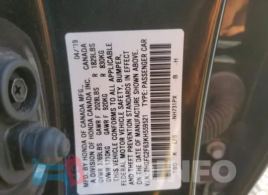 2HGFC2F63KH559521 Photo# 13