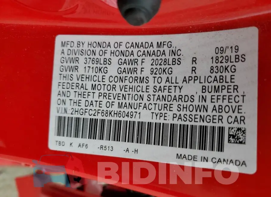 2HGFC2F68KH604971 Photo# 12