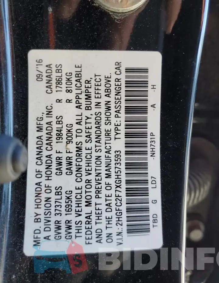 2HGFC2F7XGH573593 Photo# 13