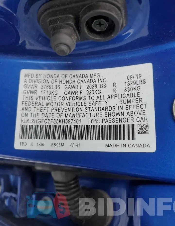 2HGFC2F85KH597401 Photo# 12