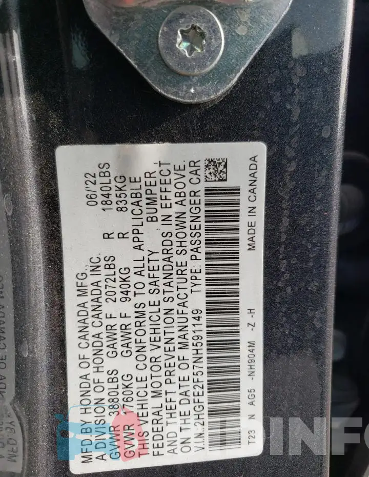 2HGFE2F57NH591149 Photo# 12