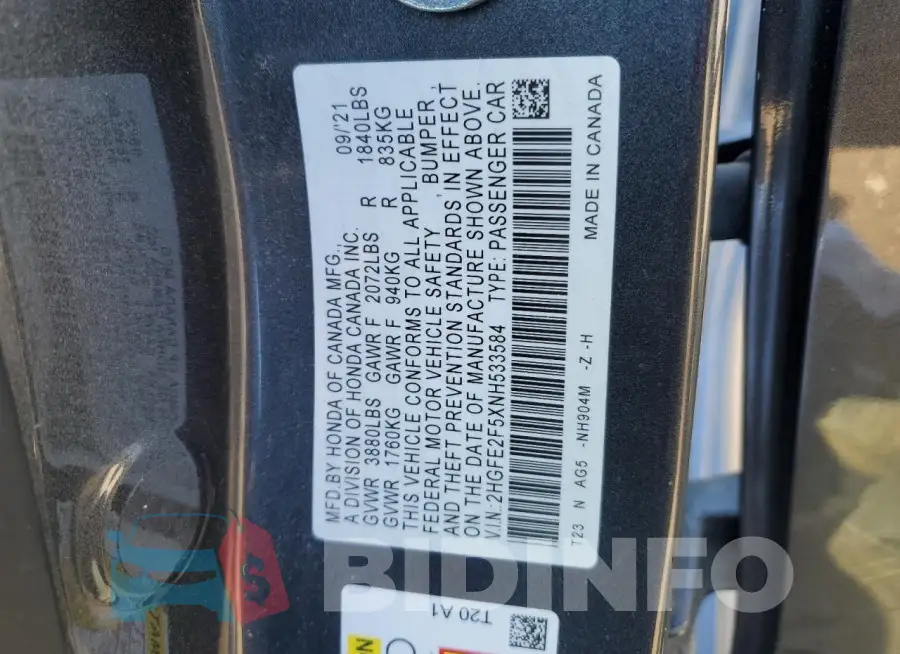 2HGFE2F5XNH533584 Photo# 13