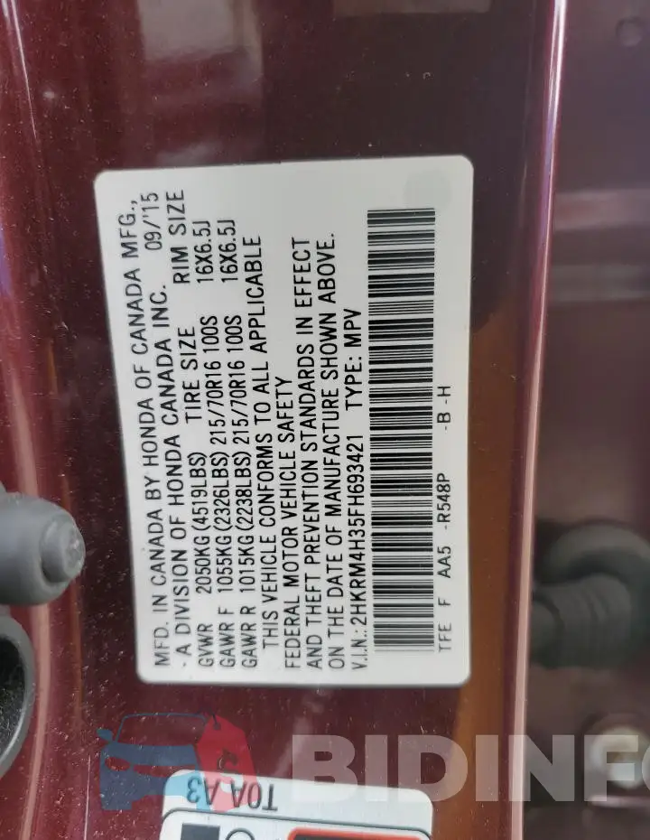 2HKRM4H35FH693421 Photo# 12