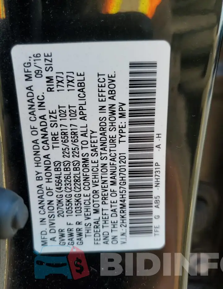 2HKRM4H57GH701201 Photo# 14