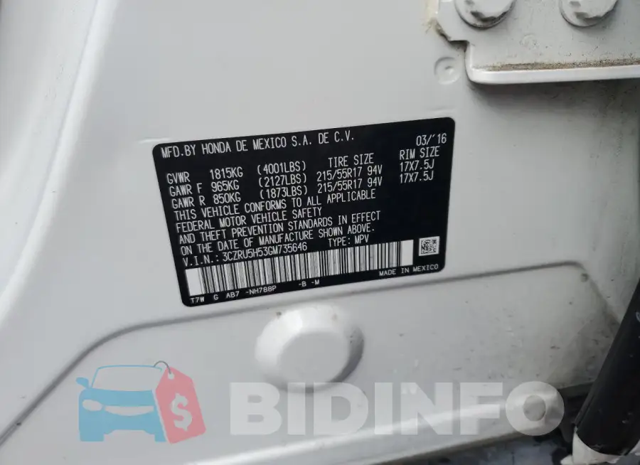3CZRU5H53GM735646 Photo# 13