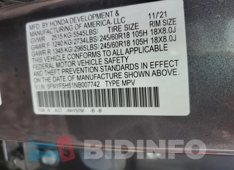 5FNYF5H51NB007742 Photo# 12