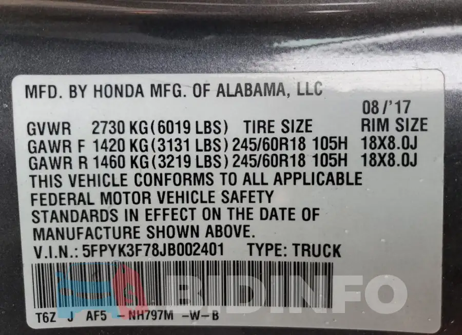 5FPYK3F78JB002401 Photo# 13
