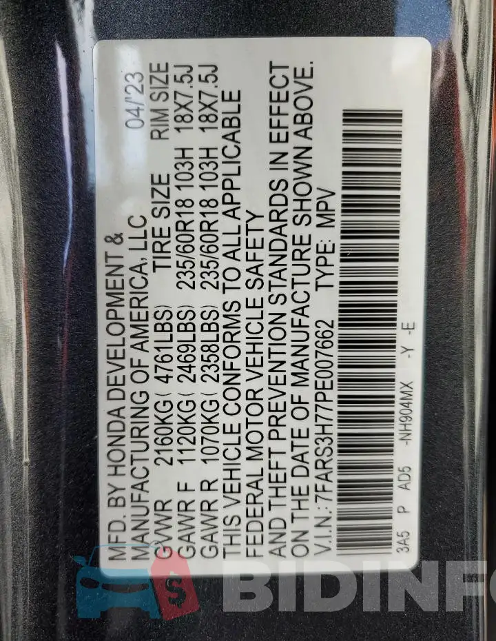7FARS3H77PE007662 Photo# 12