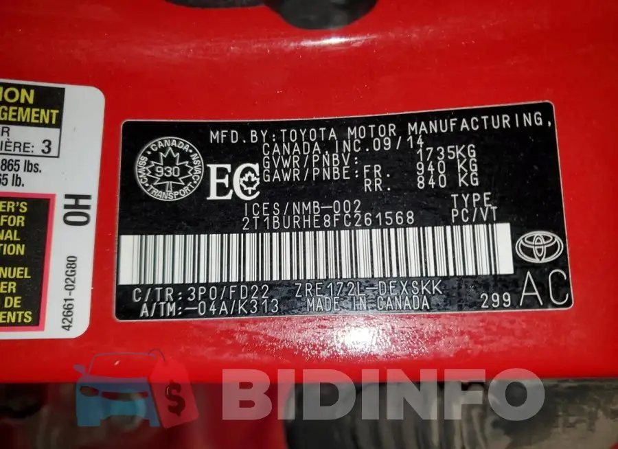 2T1BURHE8FC261568 Photo# 13