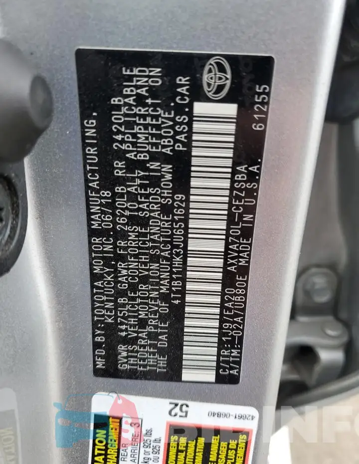 4T1B11HK3JU651629 Photo# 12