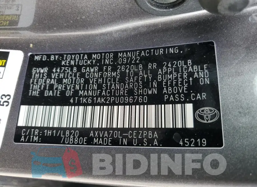 4T1K61AK2PU096760 Photo# 12