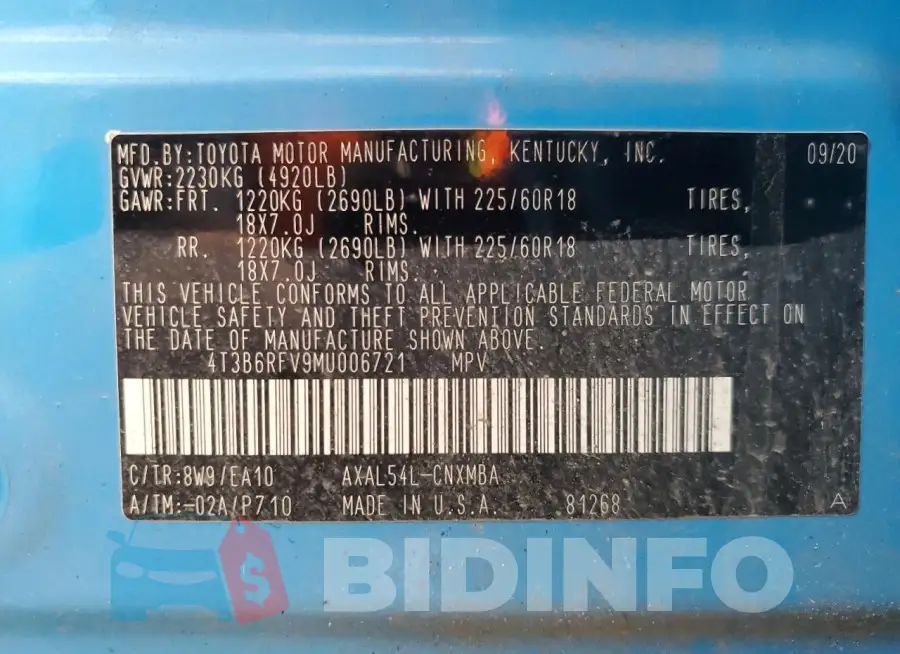 4T3B6RFV9MU006721 Photo# 13