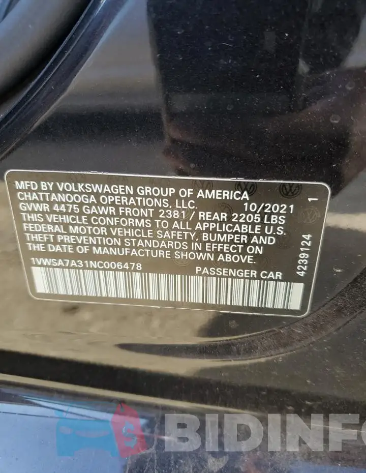 1VWSA7A31NC006478 Photo# 13