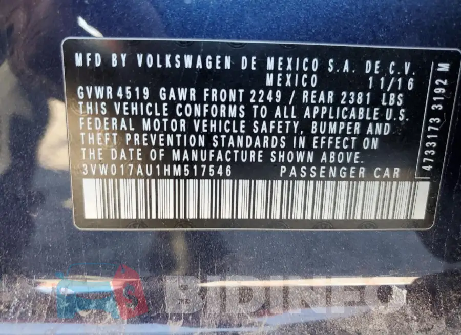 3VW017AU1HM517546 Photo# 12