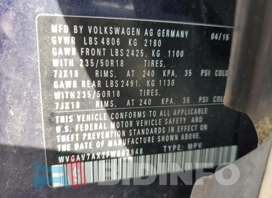 WVGAV7AX2FW607948 Photo# 13