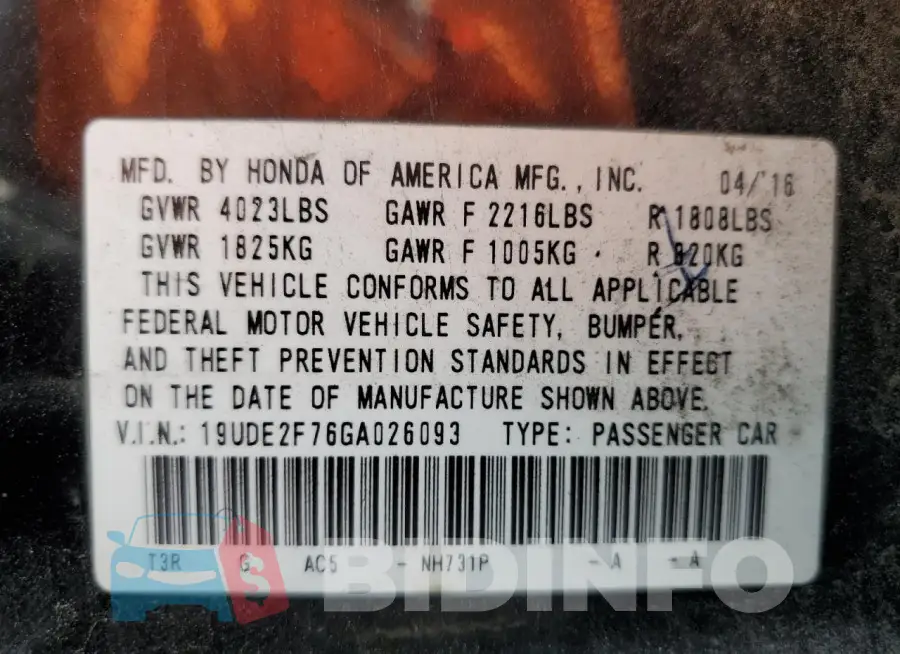 19UDE2F76GA026093 Photo# 12