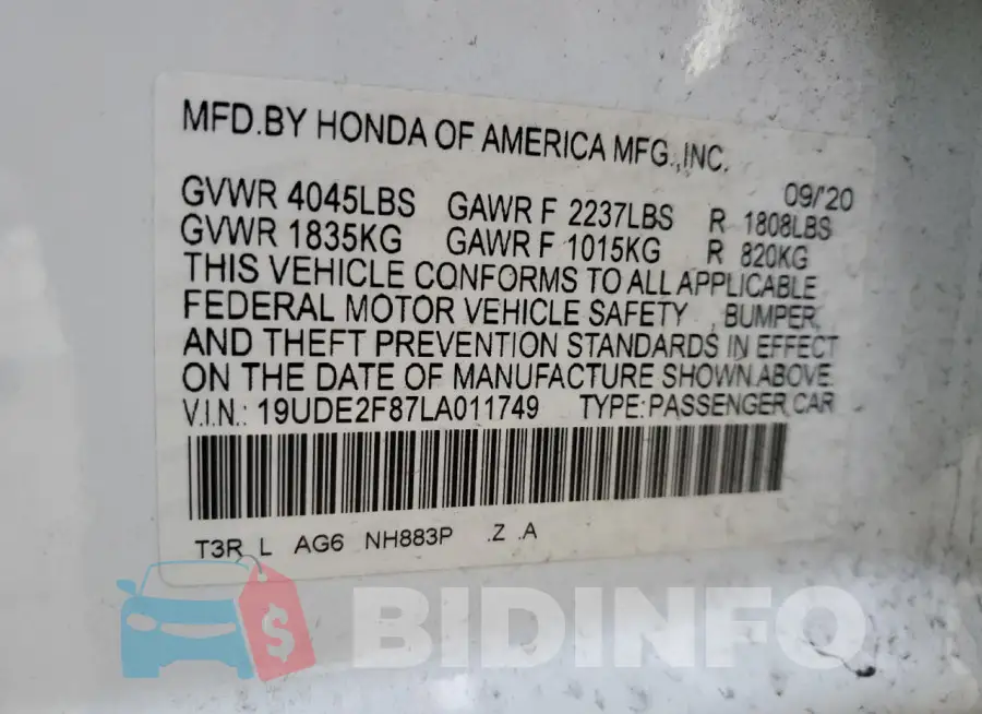 19UDE2F87LA011749 Photo# 12