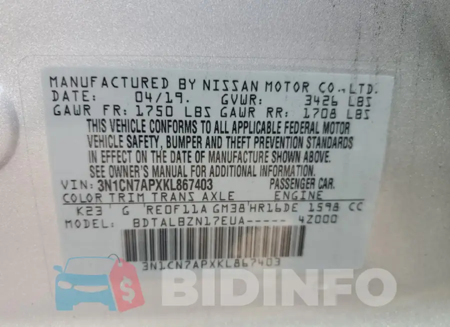 3N1CN7APXKL867403 Photo# 12