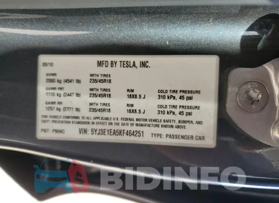 5YJ3E1EA5KF464251 Photo# 12