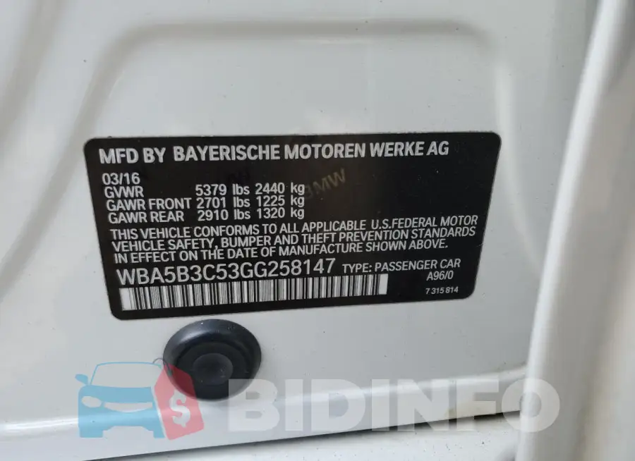 WBA5B3C53GG258147 Photo# 12