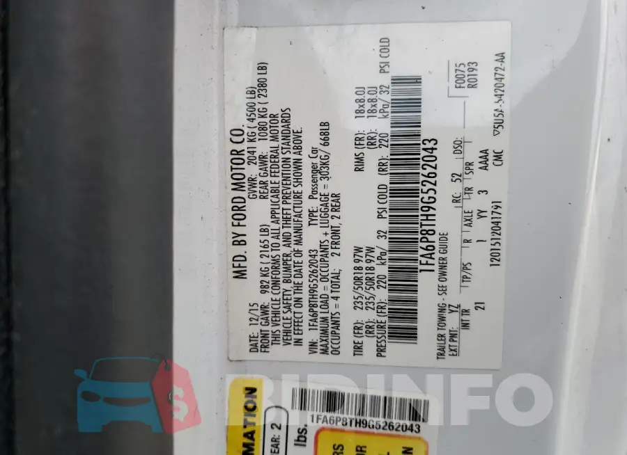 1FA6P8TH9G5262043 Photo# 12