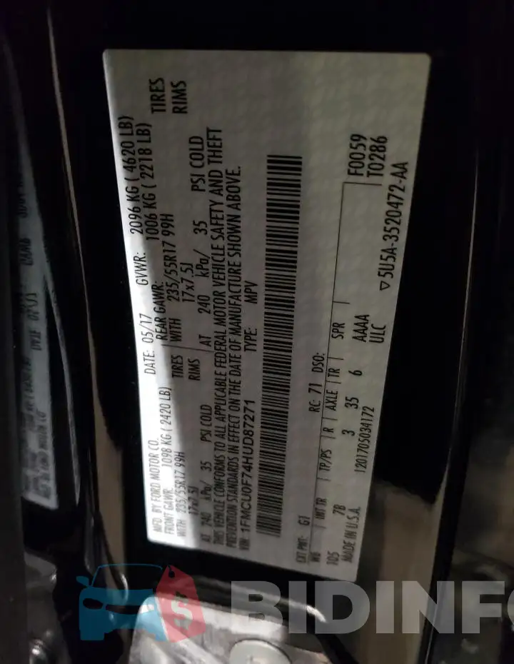 1FMCU0F74HUD87271 Photo# 12