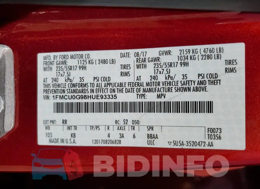 1FMCU0G98HUE93335 Photo# 12