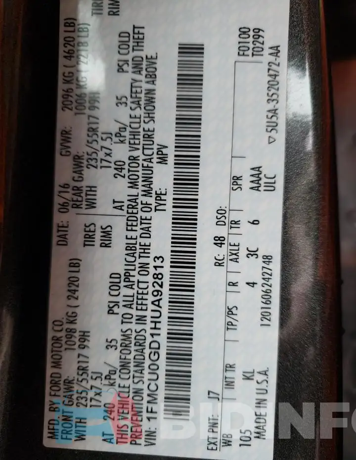 1FMCU0GD1HUA92813 Photo# 13