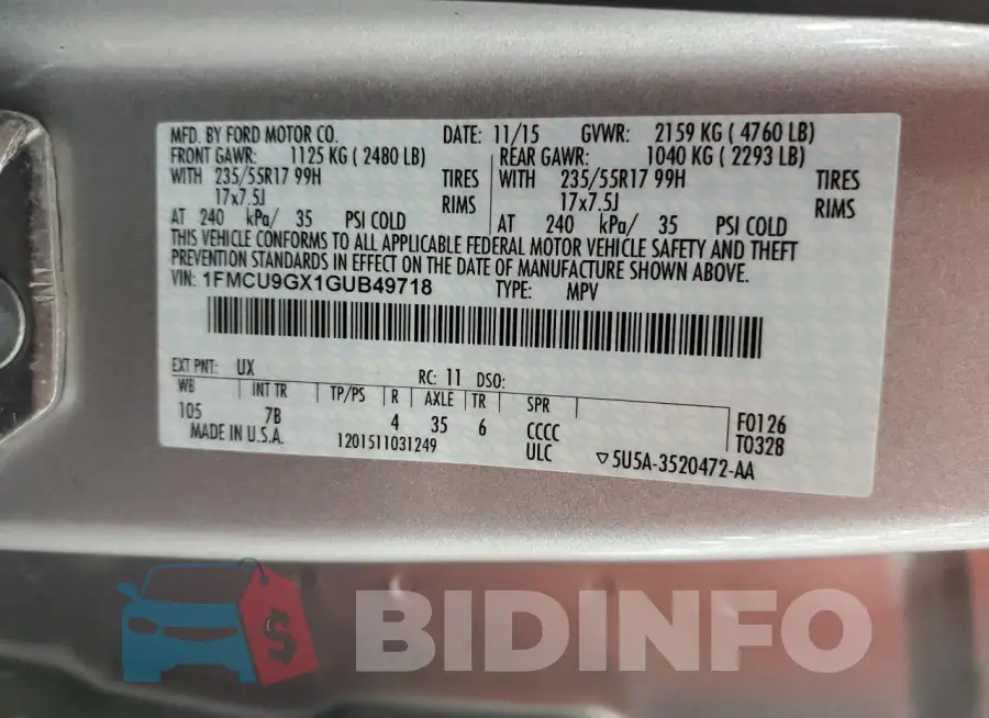 1FMCU9GX1GUB49718 Photo# 13