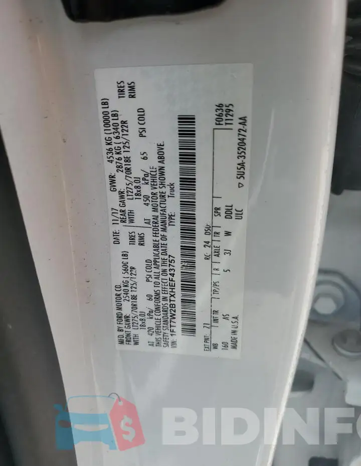 1FT7W2BTXHEF43757 Photo# 12
