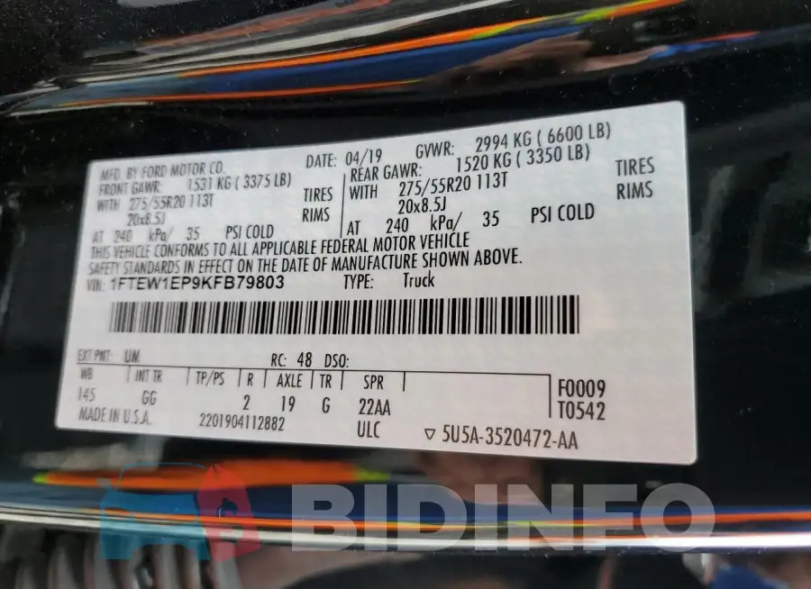 1FTEW1EP9KFB79803 Photo# 12