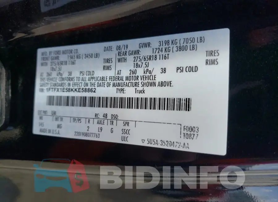 1FTFX1E58KKE58862 Photo# 12