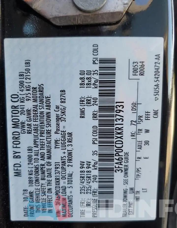 3FA6P0CDXKR137931 Photo# 13