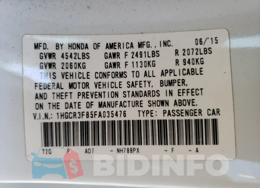 1HGCR3F85FA035476 Photo# 12